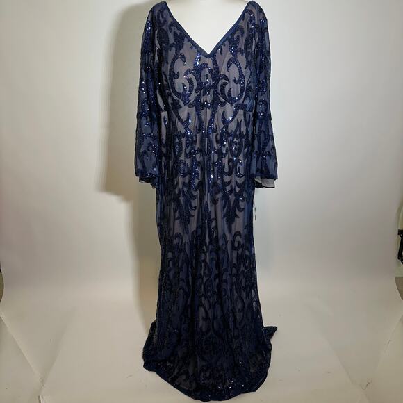 NWT R&M Richards Blue Sequin Embellished Bell-Sleeve Gown Womens Plus Size 20W - Picture 4 of 15